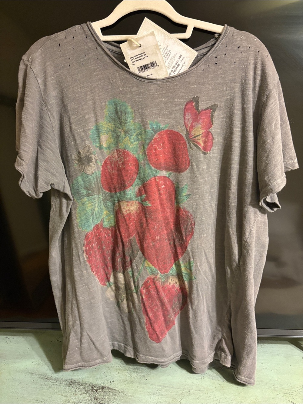 Magnolia Pearl Gray Tee with Red Strawberry & Green Leaf Motif